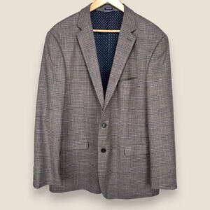 Crown & Ivy Blazer Sport Coat Mens 46L Brown Plaid 2 Button Poly Rayon Stretch